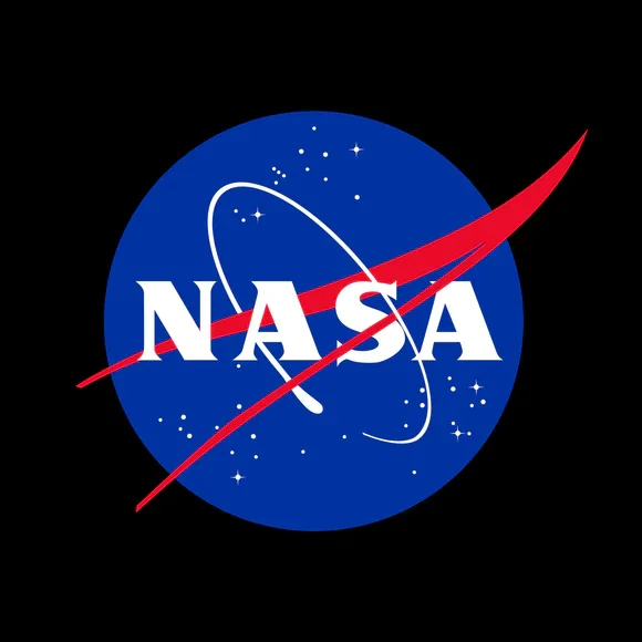 NASA logo featuring a blue circle with white stars, white "NASA" text, a red swoosh, and a white orbital path.