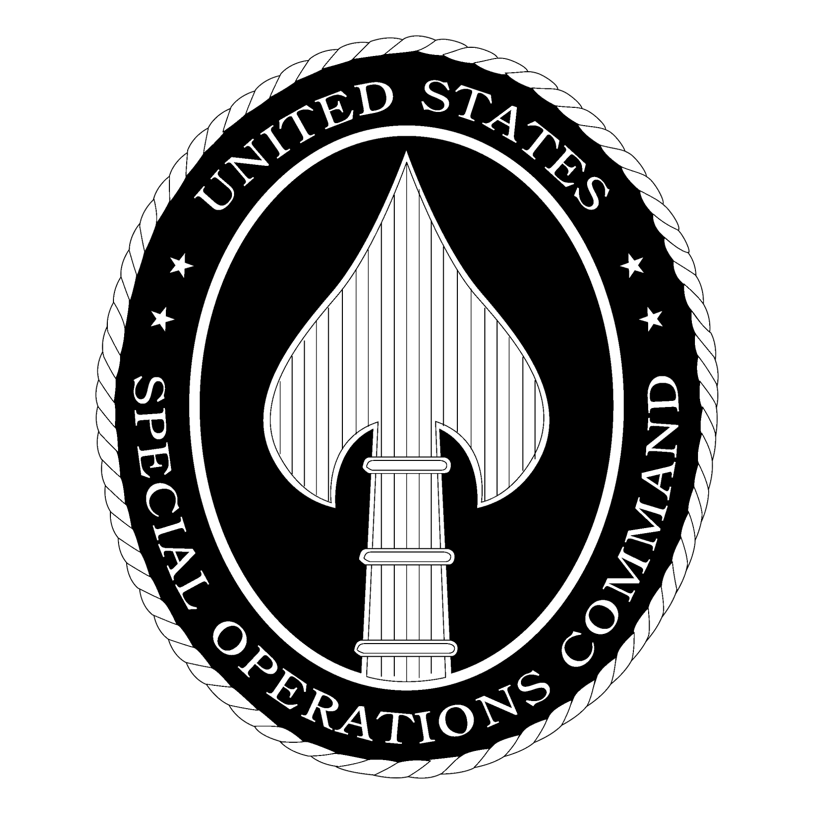 Seal of the United States Special Operations Command featuring a stylized spearhead with a vertical striped pattern, surrounded by a circular border with the words "United States Special Operations Command" and stars, all in black and white.